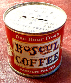 Antique 1930's BOSCUL SAMPLE COFFEE TIN CAN BANK CAMDEN N. J. WAITER GRAPHICS