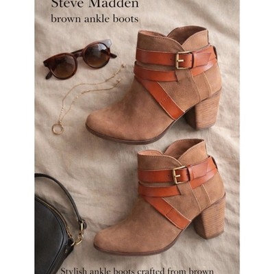 Steve Madden Brown Suede Ankle Boots with Cognac Leather Straps
