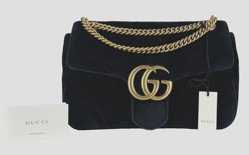 Gucci Auth Black Double G Marmont Medium Velvet Crossbody Shoulder Chain GG Bag