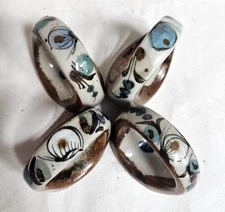 Vintage KE Ken Edwards Mexican Tonala Pottery 4 Napkin Rings Floral White Blue