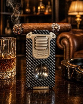 5 in 1 Cigar Lighter Carbon Fiber/Gold Triple Torch w V Cutter Punch & Draw Tool