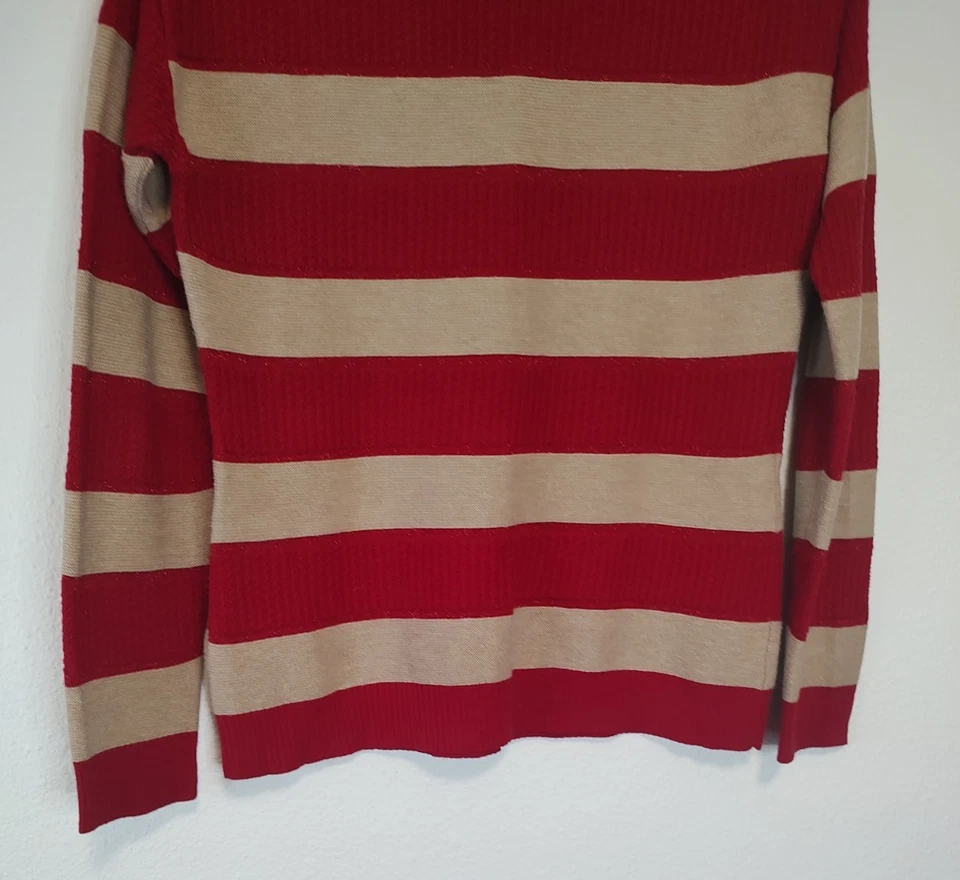 Suéter Pullover Coldwater Creek Rojo y Tostado Rayas Acento Metálico Cuello Redondo XS Foto 4 de 4
