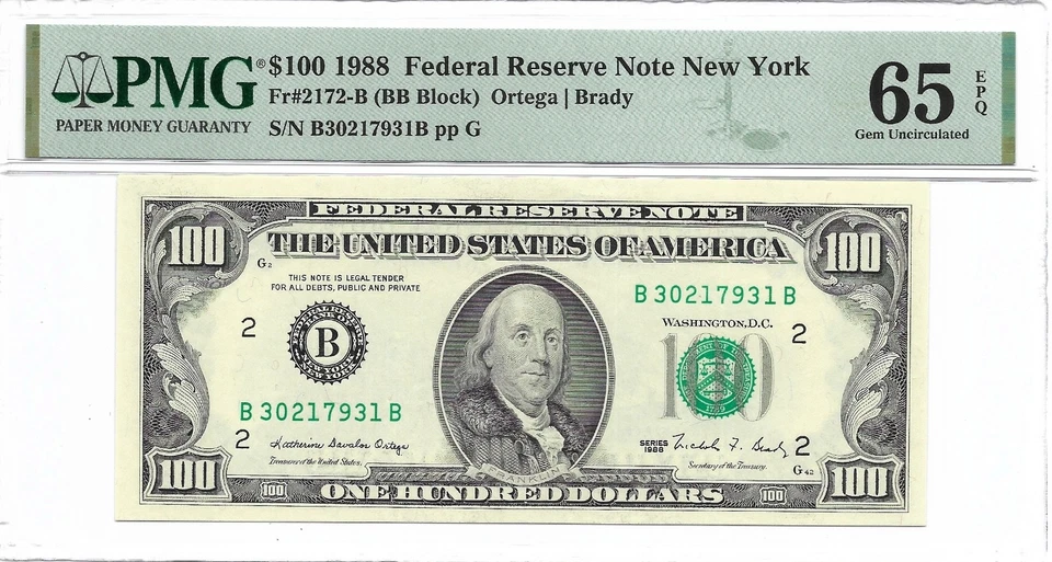 1988 $100 NEW YORK FRNs. 2 Consecutive & PMG GEM Uncirculated 65 EPQ Banknotes. - Image 4 of 4