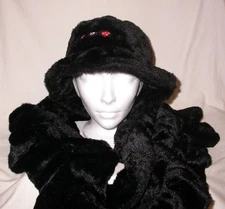 Fluffy Bucket Hat & Scarf Set Womens Black Soft Faux Fur Plush Cozy Luscious