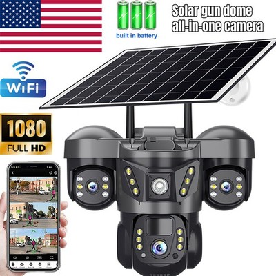 15MP 3 Lens Solar Battery Home Security Camera Wifi Wireless PTZ CCTV Outdoor