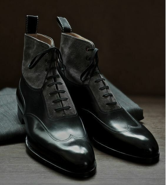 's Black, Gray Leather Wingtip Oxford Lace Up Casual Boot Me
