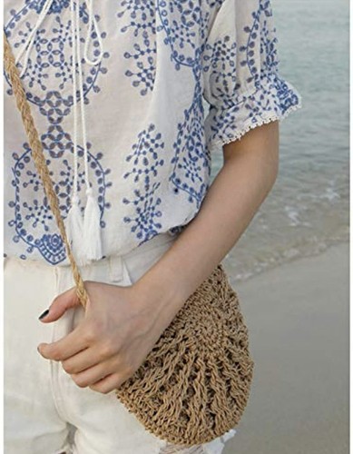 Beisaqi Straw Beach Bag For Women | Hand-Woven Round Shoulder Bag, Light Brown, Approx. 11" Diameter - View #7