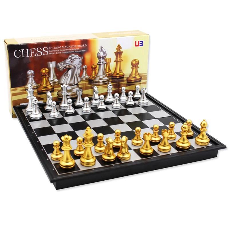 Medieval Folding Classic Chess Set with Chessboard 32 Pieces Gold Silver Magneti