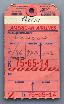 American Airlines Baggage Tag Interlink Vintage London Trip Pan Am
