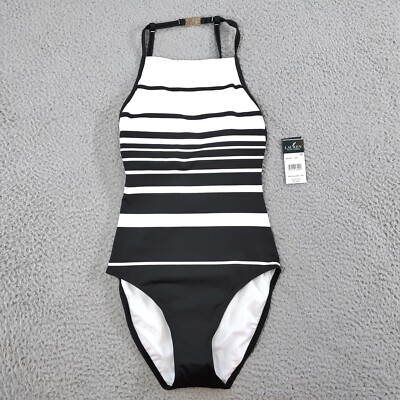 Lauren Ralph Lauren Swimsuit Womens 2 Black One Piece Gradient Stripe High Neck