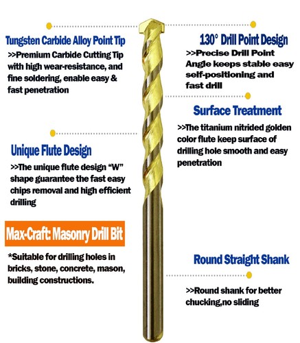 Masonry Drill Bit Set 3/8" Carbide Tip Golden Flute Drill Concrete Stone-50Pcs - Picture 2 of 11