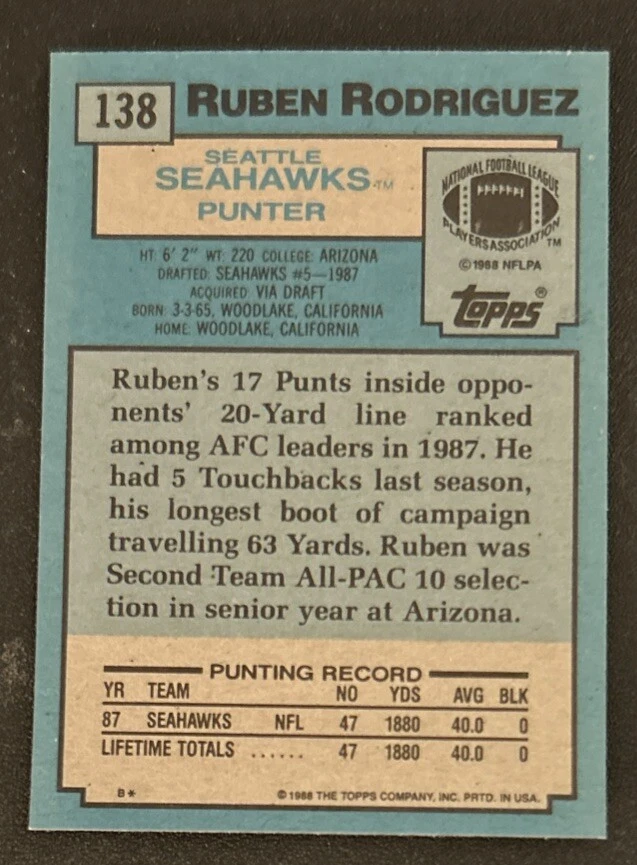 1988 Topps Ruben Rodriguez Football Rookie Card (RC) 138 Seahawks Punter VGEX OC - Image 2 of 2