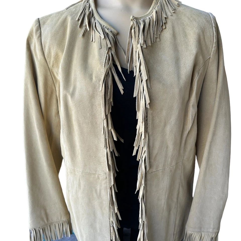 复古 Pamela McCoy 夹克皮革麂皮绒条纹西部棕褐色女式 S 码全新带标签 — 第 4/4 张图片