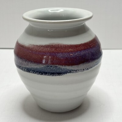 Bruning Pottery Studio 5.5'' Pot White w/ Purple & Dark Rose Accnts
