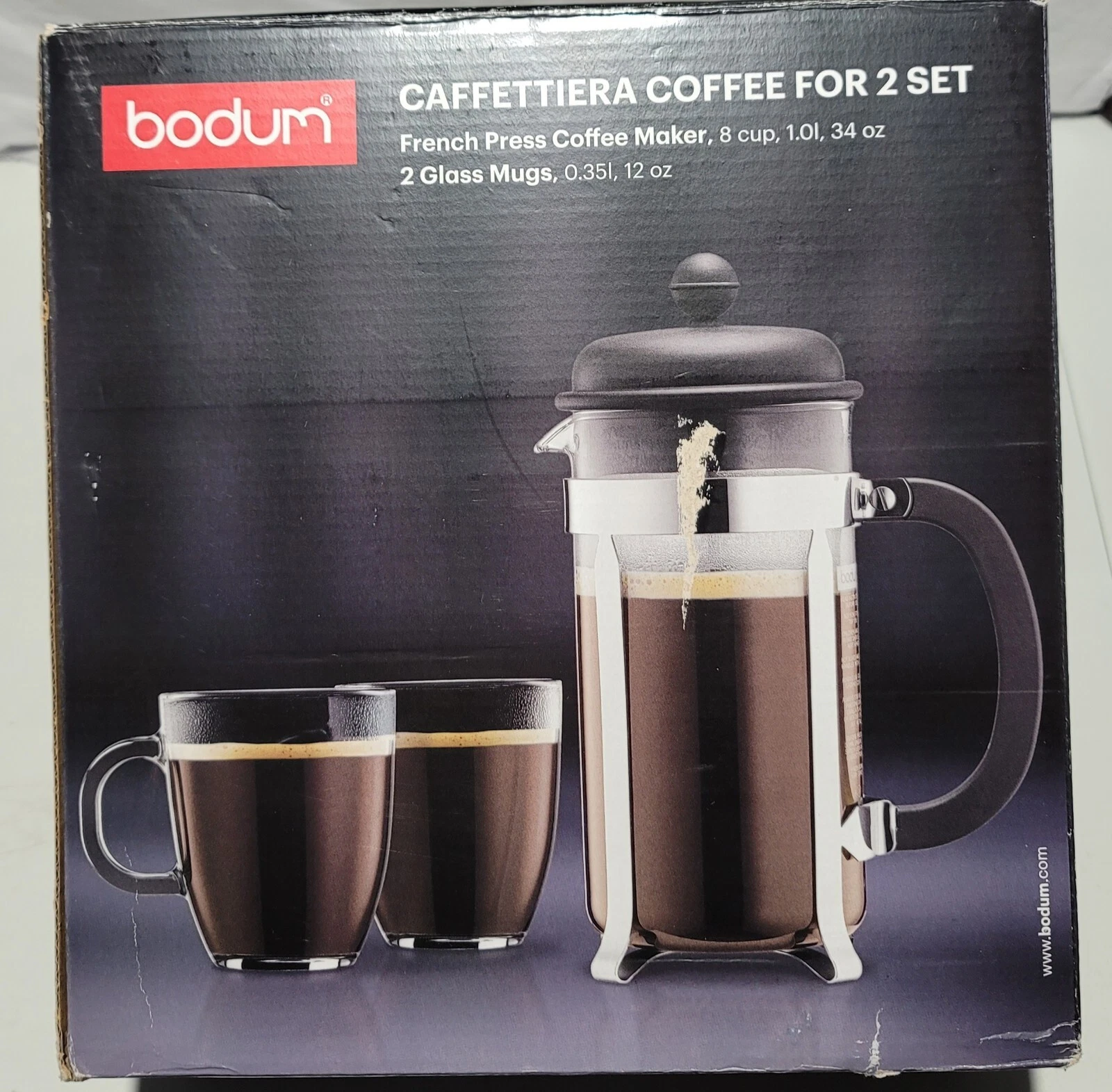 Bodum Caffettiera Coffee For 2 Set French Press Coffee Maker With 2 Clear Mugs