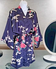 Blue Floral Satin Robe One Size Kimono Style Wrap Belted Wide Sleeves Short 