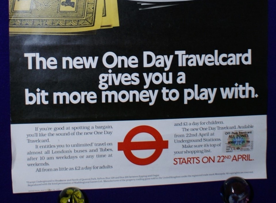 LONDON TRANSPORT POSTER OFF PEAK ZONE TRAVELCARD MONOPOLY BUS TUBE