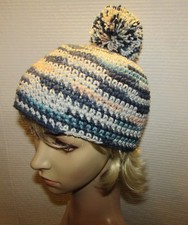Crochet Beanie Handmade in USA Unisex Blue Grays Pink Pom Pom NEW