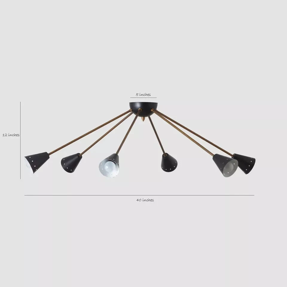 Lámpara de araña moderna de latón de 6 brazos Sputnik de montaje empotrado. Sputnik Foto 3 de 4