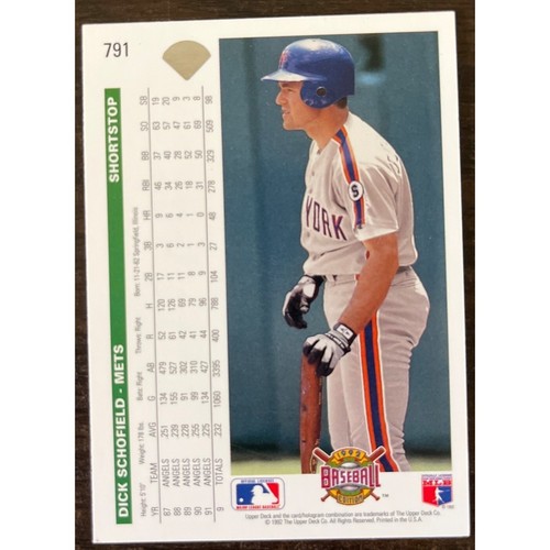 1992 Upper Deck #791 Dick Schofield New York Mets MLB Major League Baseball Card - Picture 2 of 2