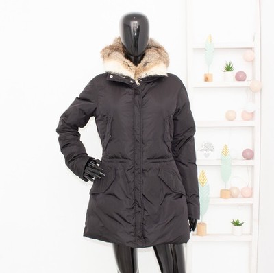 Lempelius Down Fill Parka Black Puffer Coat Real Rabbit Fur Hooded Women's S