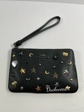Coach Corner Zip Wristlet with Rivets in Gunmetal/Black Multi Pebble Leather NWT