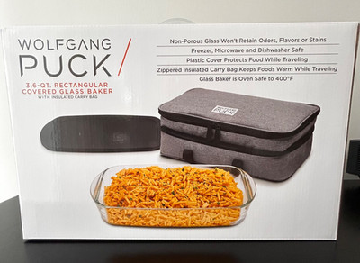 NIB Wolfgang Puck 3.6 Qt. Rectangular GLASS Baking Dish with Insulated Carry Bag