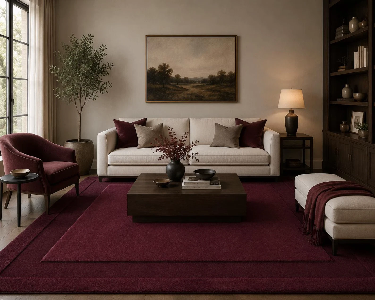Luxury Burgundy Wool Rug Wine Maroon Solid Border Hand Tufted Living Room Carpet