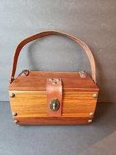 Vintage Handmade Wooden Wood Box Purse Leather Strap Purple Lining Folk Art READ