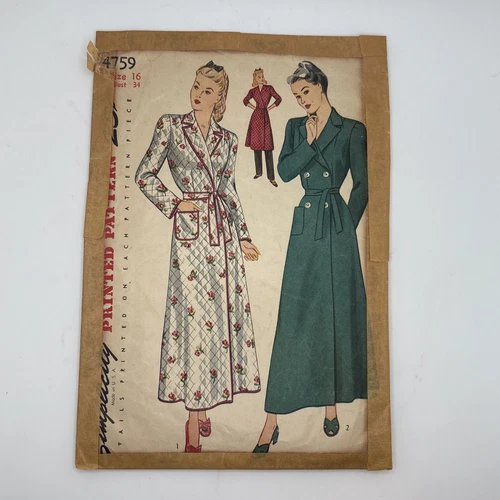 Rare Simplicity Printed Pattern #4759 Robe & Housecoat Bust 34” 1943 Uncut FF