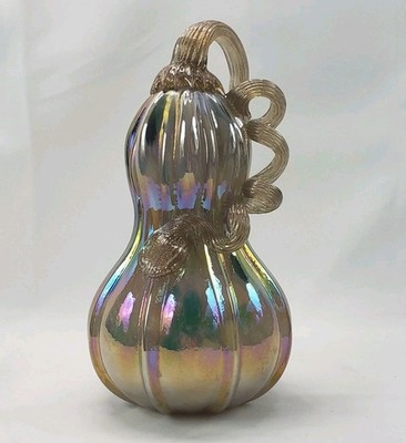 Hand Blown Glass Pumpkin Gourd Iridescent w Twisted Stem Fall Autumn Decor 9''