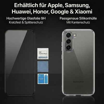 Robustes Silikon Case Transparent Hülle TPU Cover Folie Displayschutzfolie Glas