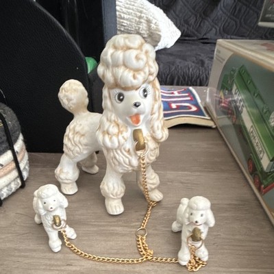 White Poodle Dog Figurine Set w/ Gold Tone Chain Leash, 1 Large 2 Small