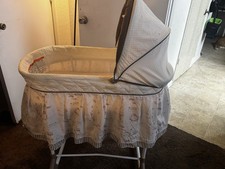 Oval Baby Bassinet with Canopy, Wheels Mattress, White/Gray
