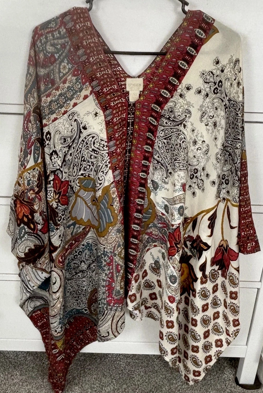 Chico’s L/XL Boho Kimono Poncho Top Batwing Multicolor Paisley Asymmetrical