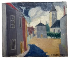 Helene MAKAROVSKY (1918-2001) Signed -  Cubism Modernism Oil - Street and Church