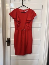 Calvin Klein Red Ruffle Dress Cinch Waist Fit & Flare Cocktail Workwear S Or M ￼