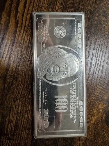 Silver Bullion Bar $100 Bill Design Benjamin Franklin Shaped Collectible Bar
