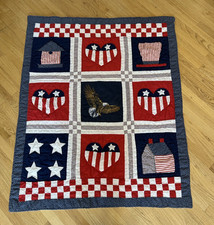 46x56" Patriotic Quilt Hand Stitched Hearts Stars Stripes Eagle Red Blue White