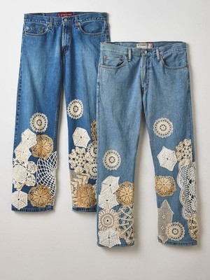 Levi's Blue Denim Wide-Leg Jeans with Crochet Patchwork