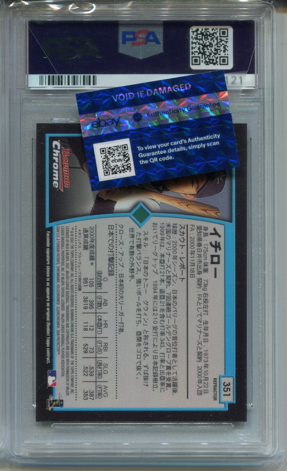 2001 Bowman Chrome Ichiro Suzuki Rookie Card Refractor PSA 9 MINT Japanese view 2