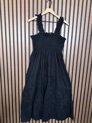Quince Midi Dress M / L Womens Black 100% European Linen Smocked Ruffled  Trim | eBay