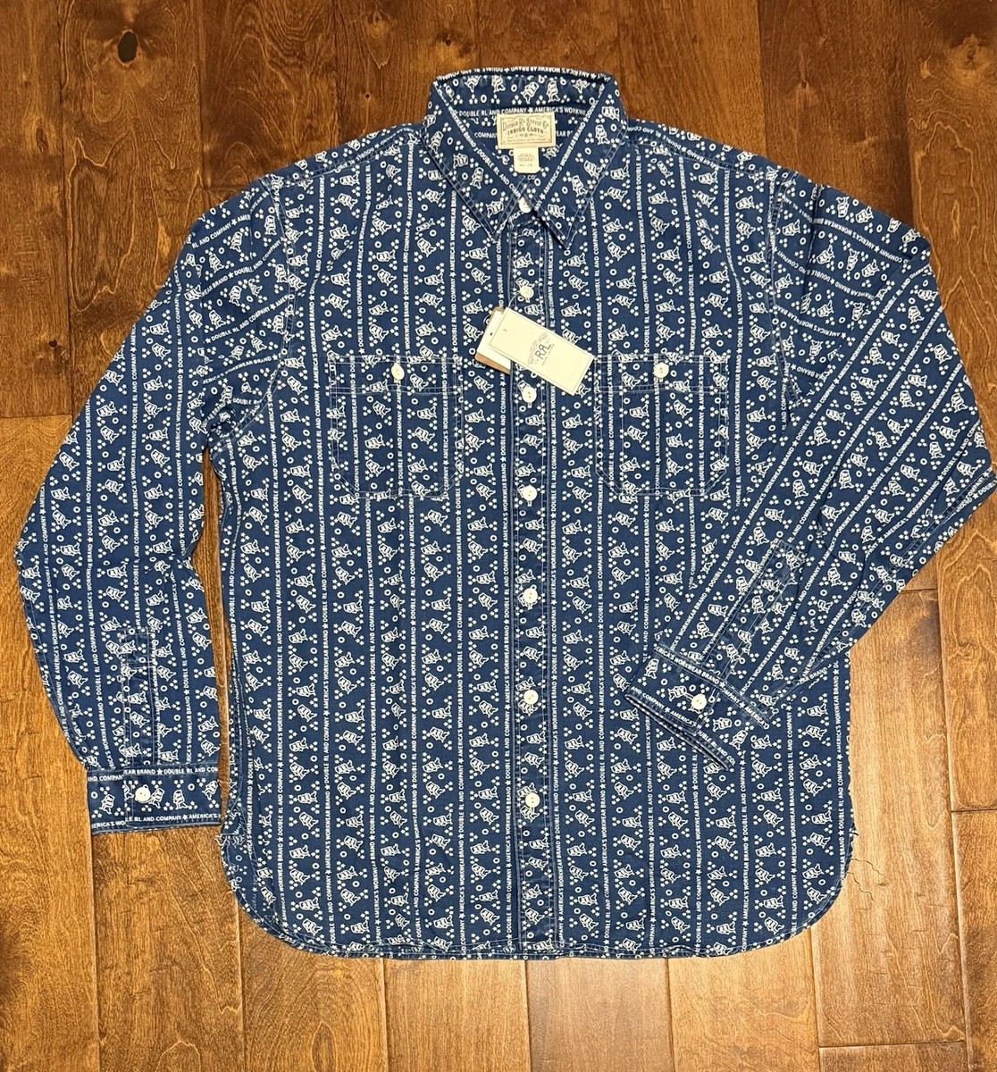 NWT $345 RRL Ralph Lauren Men's Logo-Print Indigo Woven Workshirt
