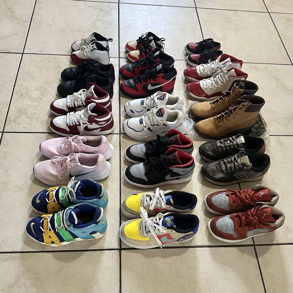 Nike Jordan Timberland Shoe Sneaker Lot Of 15 Pairs Kids Sizes For Restoration - Image 2 of 4