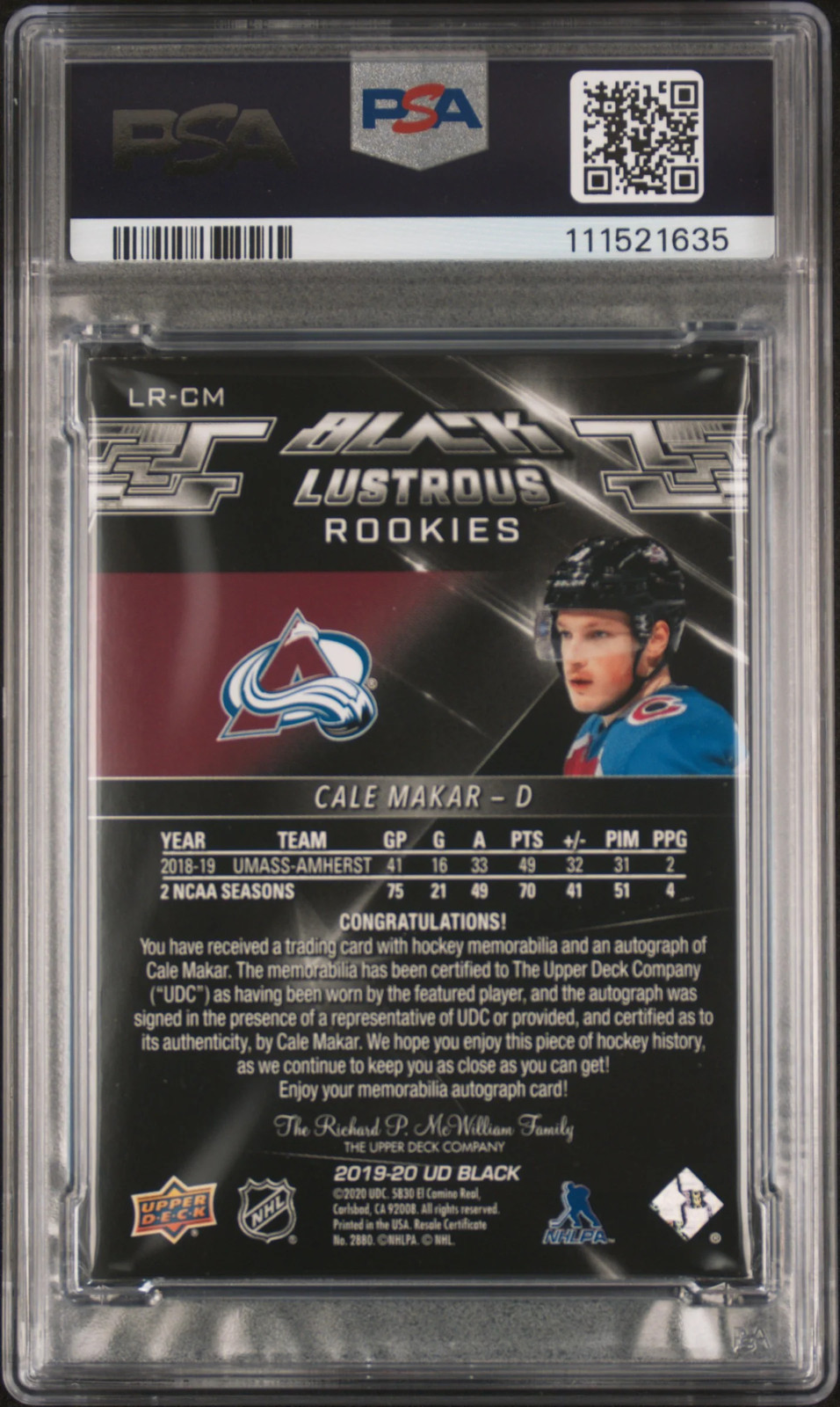 2019 Black Lustrous Rookie Auto Patch Cale Makar 7 AU PSA #LR-CM view 2