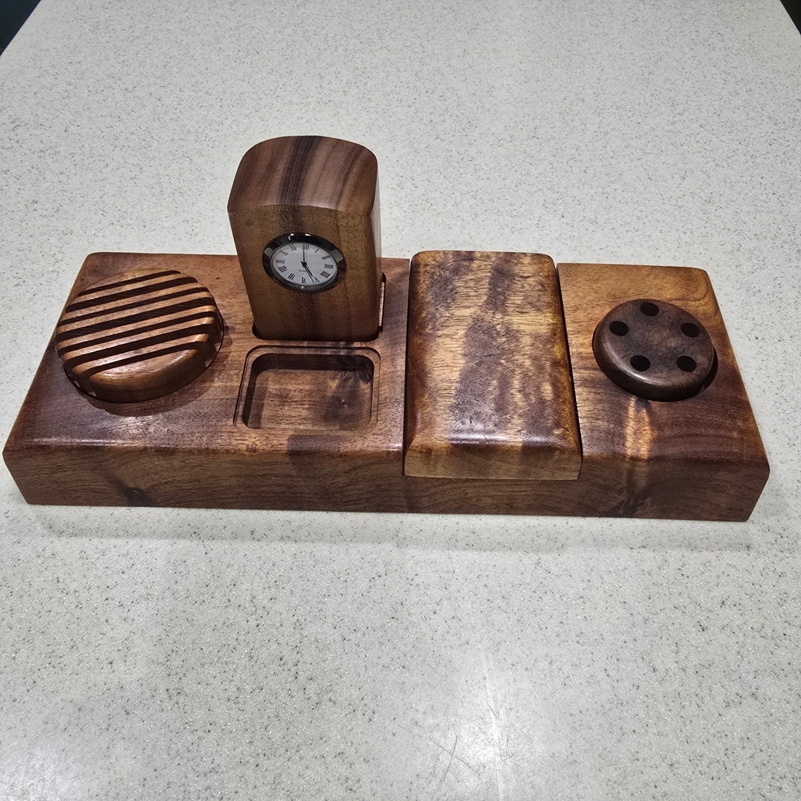 Evergreen Vintage Woodworking Wooden Desk Organizer Set with Clock Brown Office