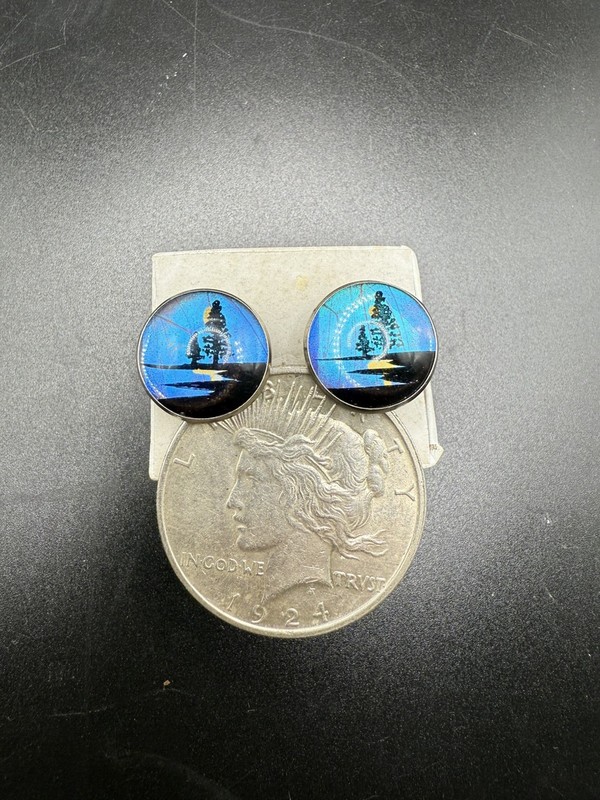 Vintage Lucite Butterfly Wings Pine Tree Scene Silver Tone Cufflinks MCM K2