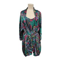Vintage California Dynasty Satin Lingerie Set Robe Cami Shorts Floral Size M L