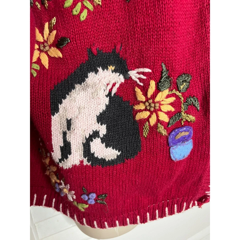 Cardigã suéter bordado vintage herança colecionáveis tricô gato janela cena G - Imagem 2 de 4