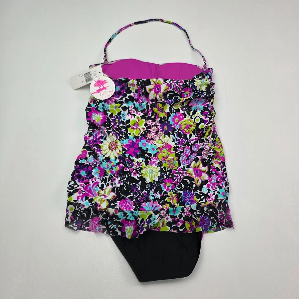 Vestido de banho floral uma peça com saia maiô rosa roxo verde tamanho M novo com etiquetas - Imagem 3 de 4